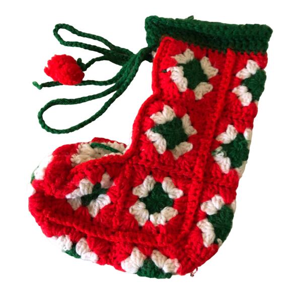 Vtg Crocheted Granny Square Christmas Stocking Red Green Handmade 12" Yarn - Picture 1 of 5